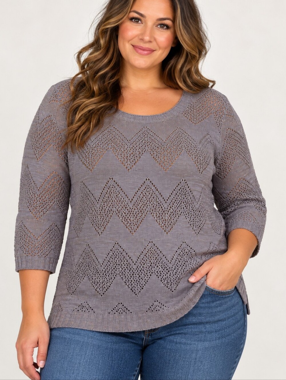 Maurices Chevron Pointelle Open Knit Sweater Top Plus Size 2 Dusty Mauve Purple